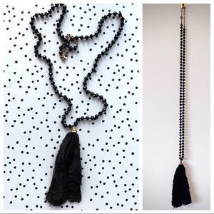 Black Beaded Long Necklace with Fabric Tassel